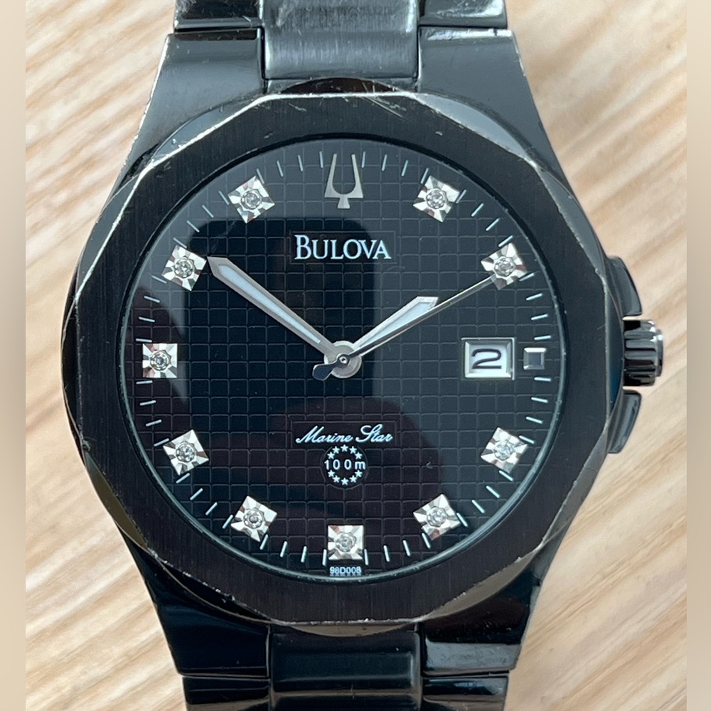 Bulova Marine Star Diamond Men’s Watch Black Dial, Case, Bracelet Date Window